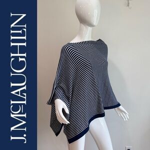 J. McLaughlin Cotton Cashmere Blend Poncho Nautical Stripe Asymmetrical Hem
